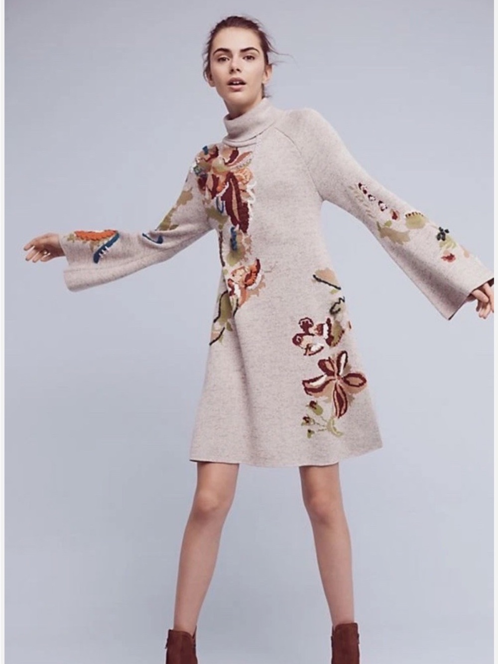 Anthropologie Knitted & Knotted Embroidered Sweater Dress Cottagecore Boho XS